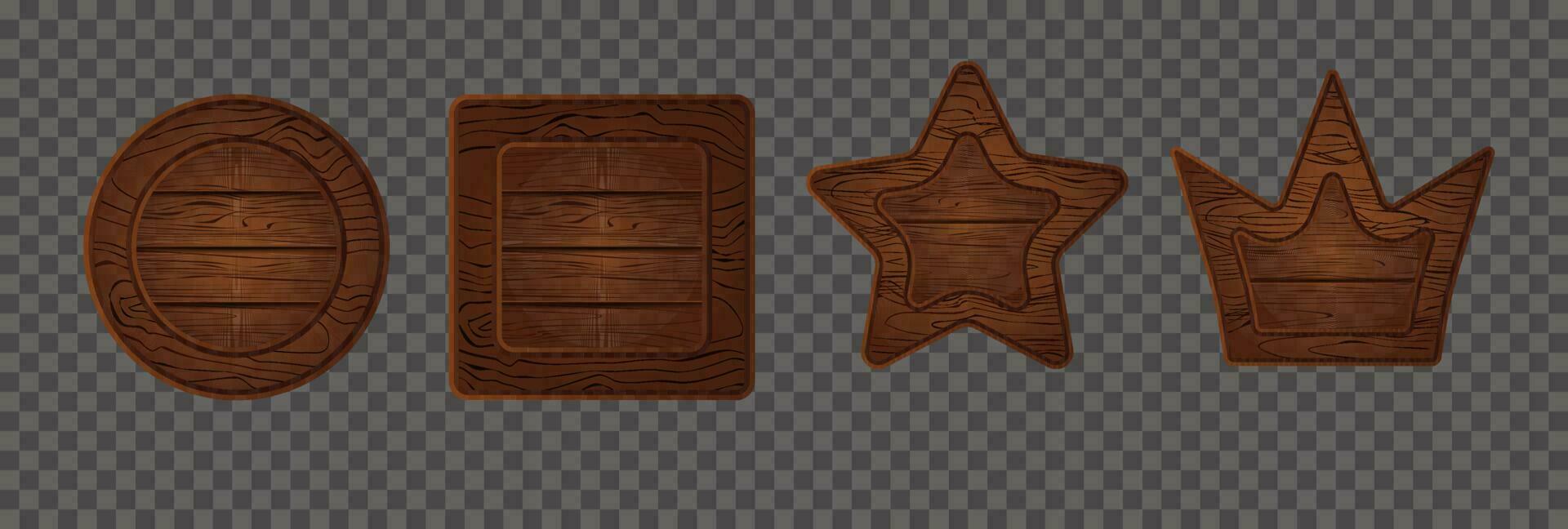 Cartoon vector wooden crown game sign board. Wood texture star and round shape button plank isolated. Ui interface icon menu kit. Blank medieval signpost illustration