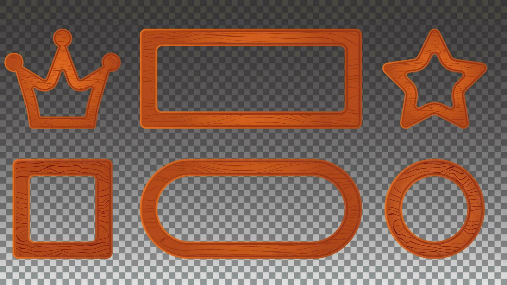 Orange wood game sign board vector cartoon panel. Wooden texture signboard frame ui interface shape menu kit. Farm mobile app isolated plaque element. Blank label illustration with crown and star.