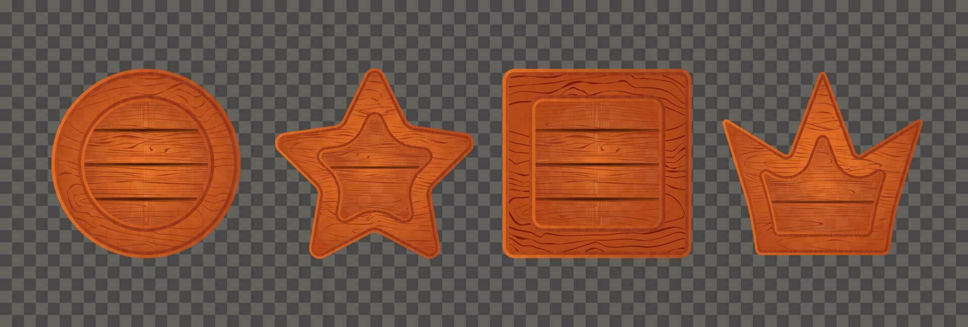 Orange wood game sign board panel cartoon vector frame plank. Wooden texture ui banner crown, star, circle and square button design. Rustic menu interface billboard element kit. User level plaque.