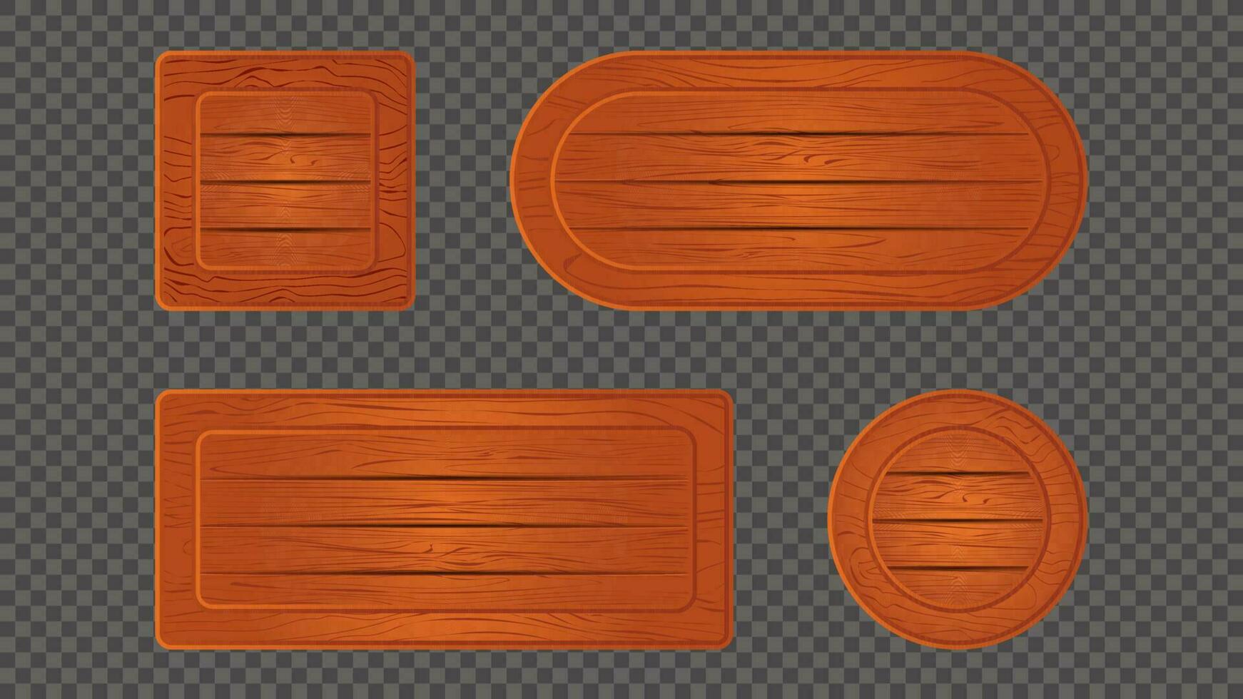 Orange wooden game sign board frame cartoon vector. Wood texture sign board ui panel isolated on transparrent background. Circle shape rustic icon set for farm mobile app gui interface illustration vector