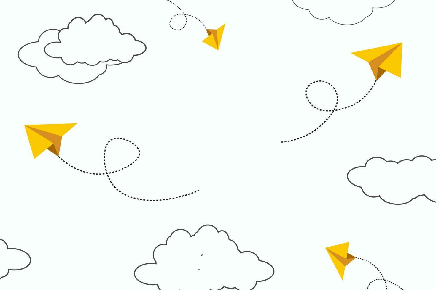 School notebook background with yellow paper airplanes. 3d flying paper airplane. Vector cartoon children planes in air.