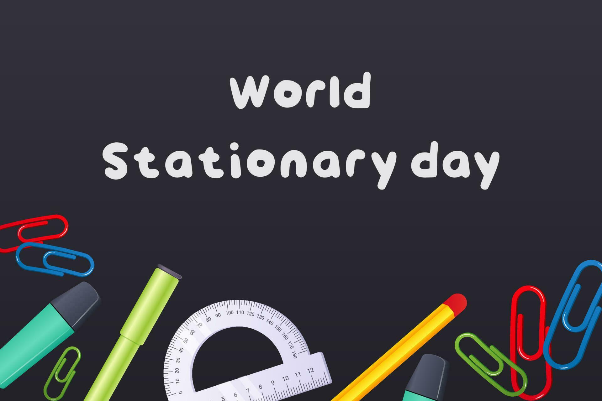 World Stationary Day Text. School Stationary Top View on Blackboard