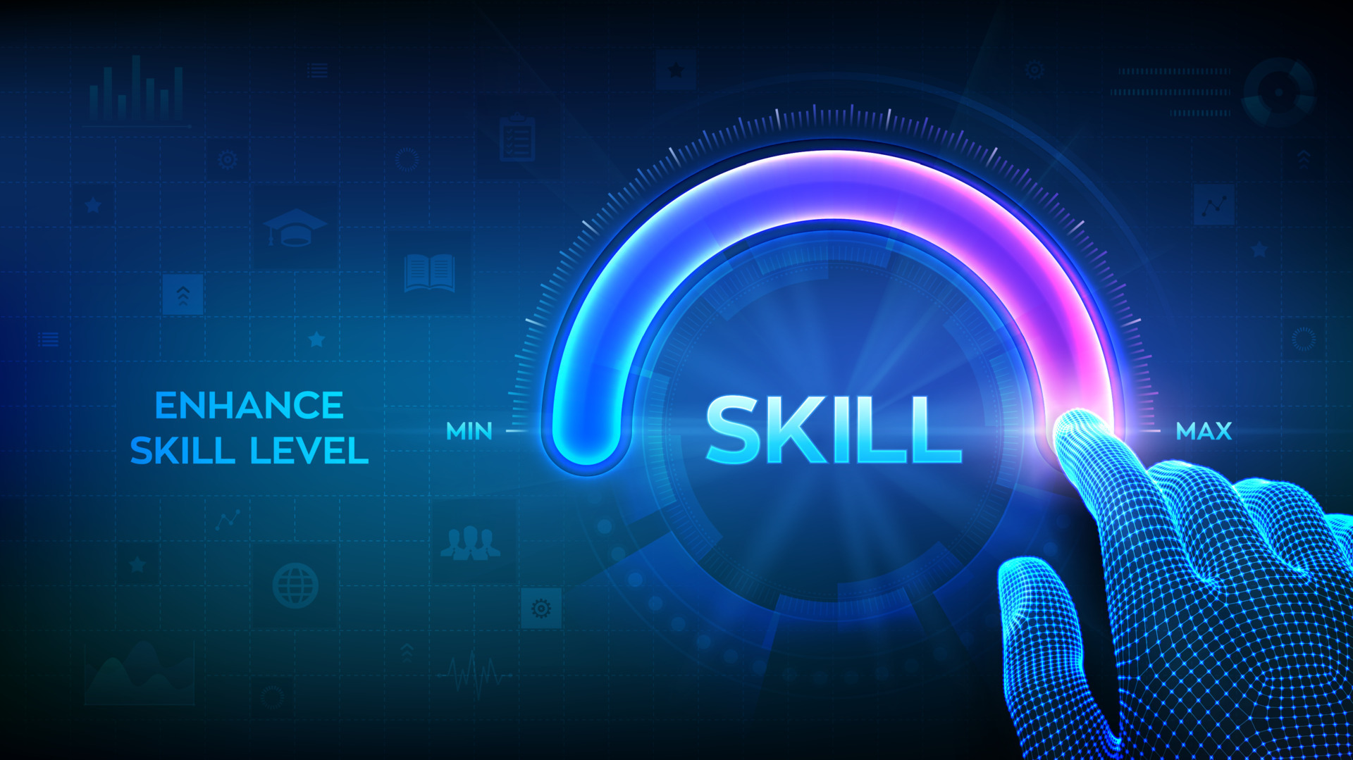 Skill levels growth. Increasing Skills Level. Wireframe hand is pulling ...