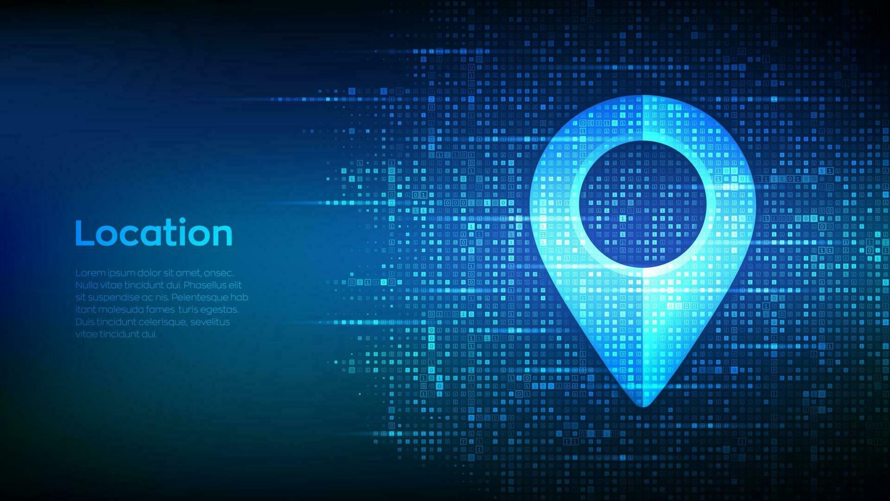 Point of location sign made with binary code. Pointer of map. Matrix background with digits 1.0. Gps pointer graphic element. Navigation pin point global position system symbol. Vector illustration.