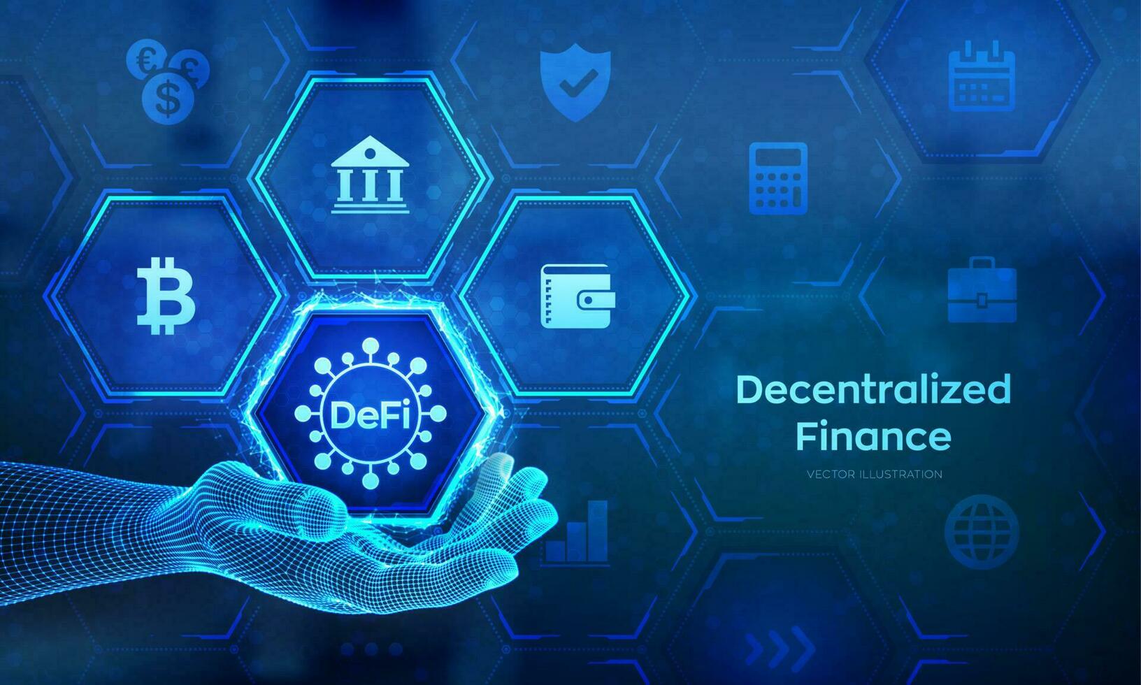 DeFi. Decentralized Finance. Blockchain, decentralized financial system. Business technology concept concept in wireframe hand. Vector illustration.