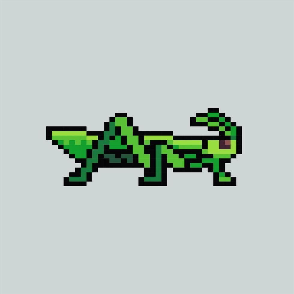 pixel art grasshopper. Grasshopper insect pixelated design for logo, web, mobile app, badges and patches. Video game sprite. 8-bit. Isolated vector illustration.