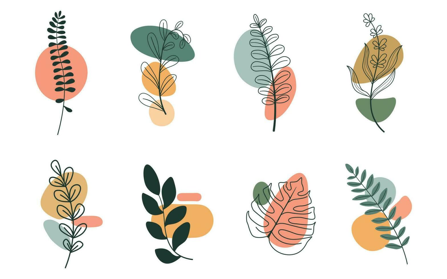 wall art vector set. Foliage line art drawing with abstract shape. Abstract Plant Art design for print, cover, wallpaper, Minimal and natural wall art. Vector illustration.