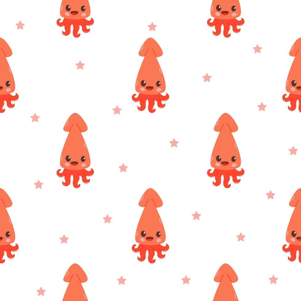 Seamless children's pattern with cute squid. Marine-themed pattern with underwater animals. Texture for fabric, packaging, textiles, clothing. Vector illustration.