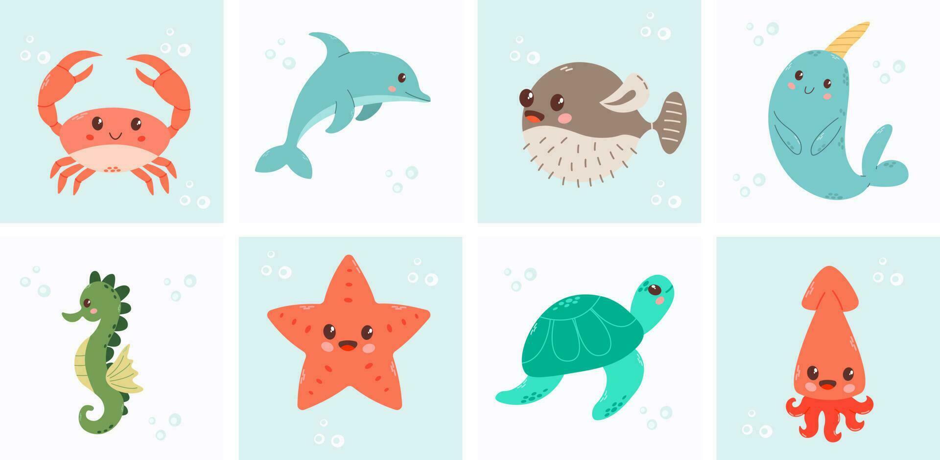 Set with hand drawn sea life elements. Vector doodle cartoon set of marine life objects for your design.  Sea life. Cute whale, squid, octopus, stingray, jellyfish, fish, crab, seahorse.