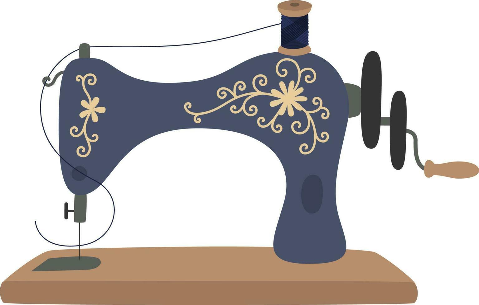 Vintage sewing machine with blue spool thread. Equipment for sew vogue clothes. Handmade vector