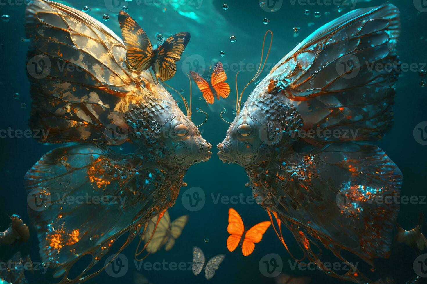 Butterflies in love under water with mystical shapes kiss. ai generation photo