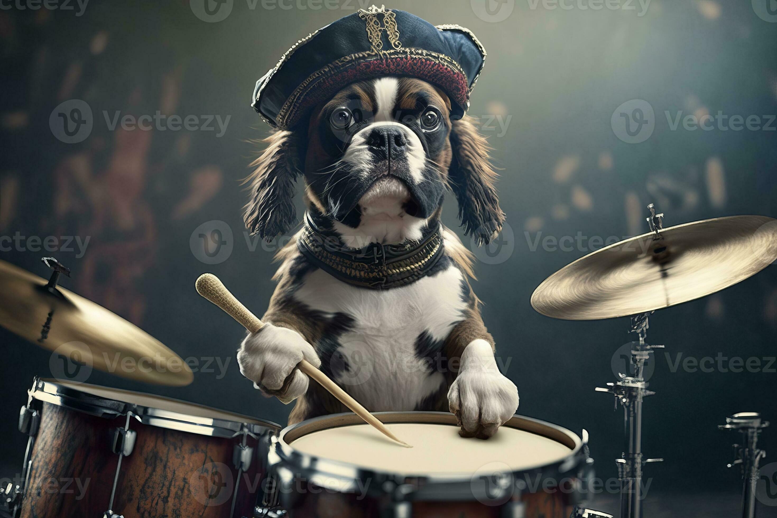 A drummer dog in a hat sits at a drum kit for Jazz Day. AI generation