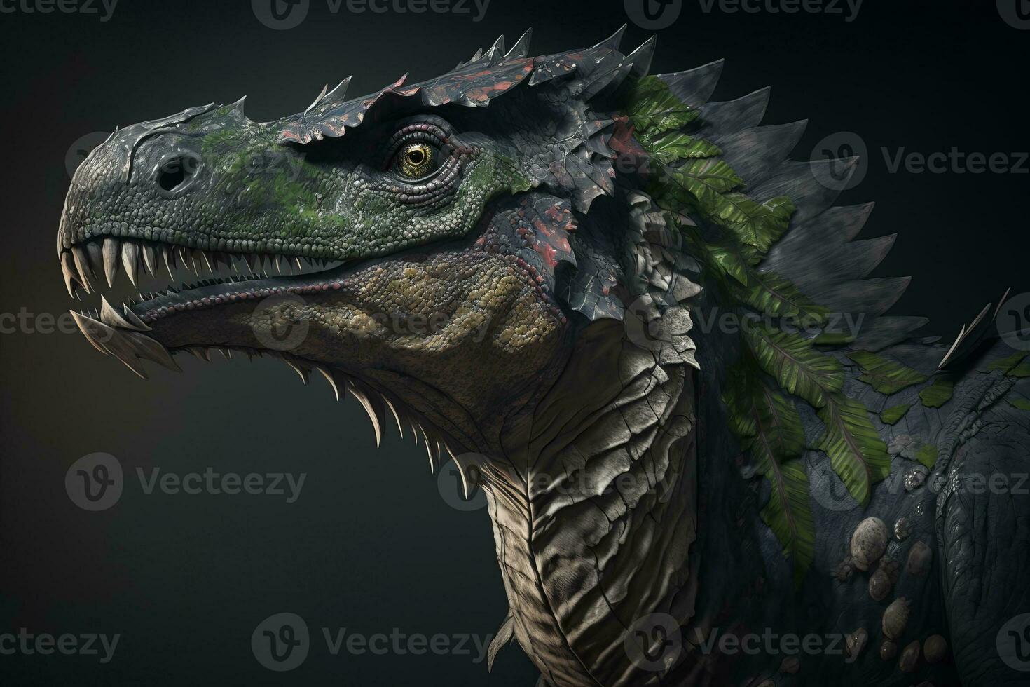 Beautiful carnivorous dinosaur in leaves and dark background. ai generation photo