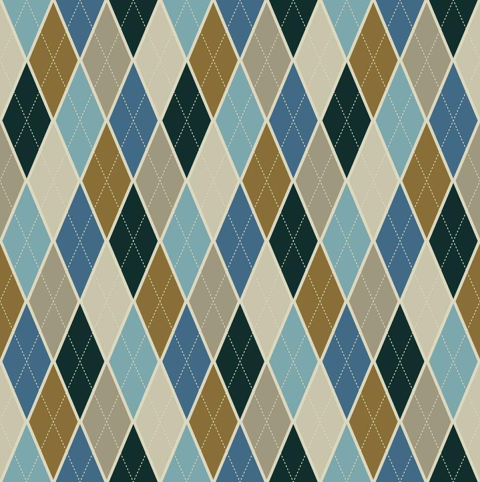 Seamless background argyle pattern. Blue brown color tone tartan plaid. Texture design for apparel, textile, garment, fabric, clothing, tile, cover, poster, flyer, banner, wall. Vector illustration.