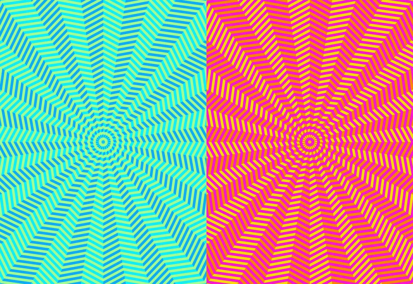 Abstract blue, pink, yellow background pattern. A circular radial illusion extending from the center. Twenty pointed star geometric shapes alternate dark and light colors. Vector illustration.