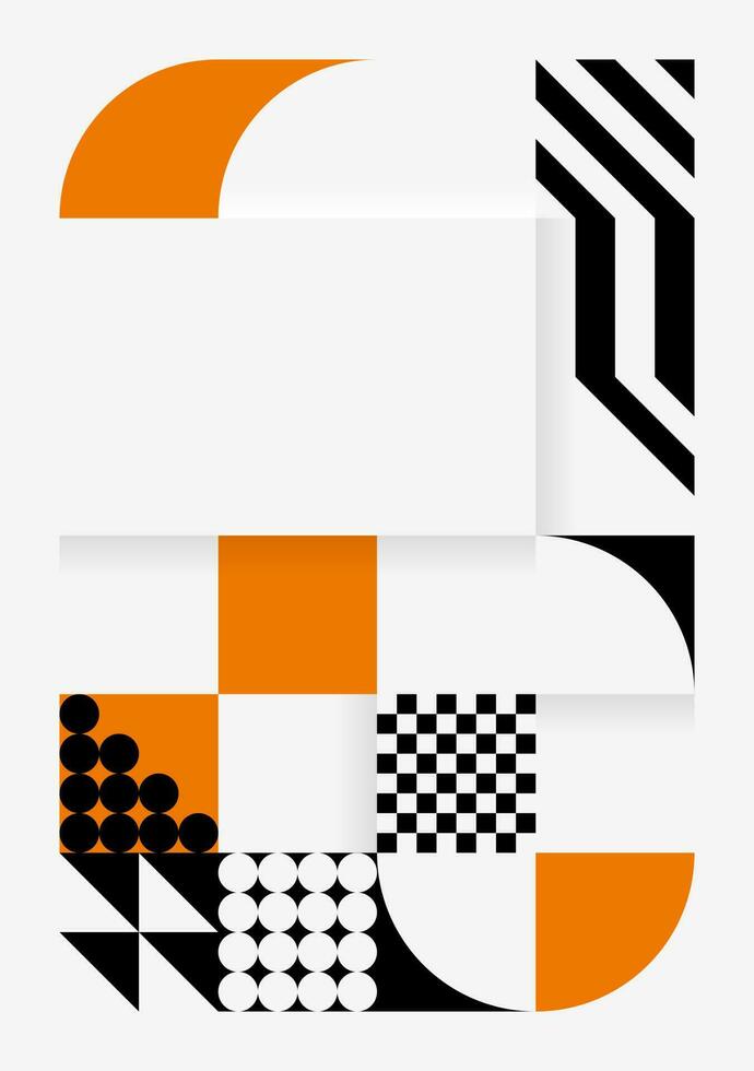 Simple background in Bauhaus style. Abstract geometric patterns in white, black and orange. Template design for posters, banners, websites. Vector illustration.