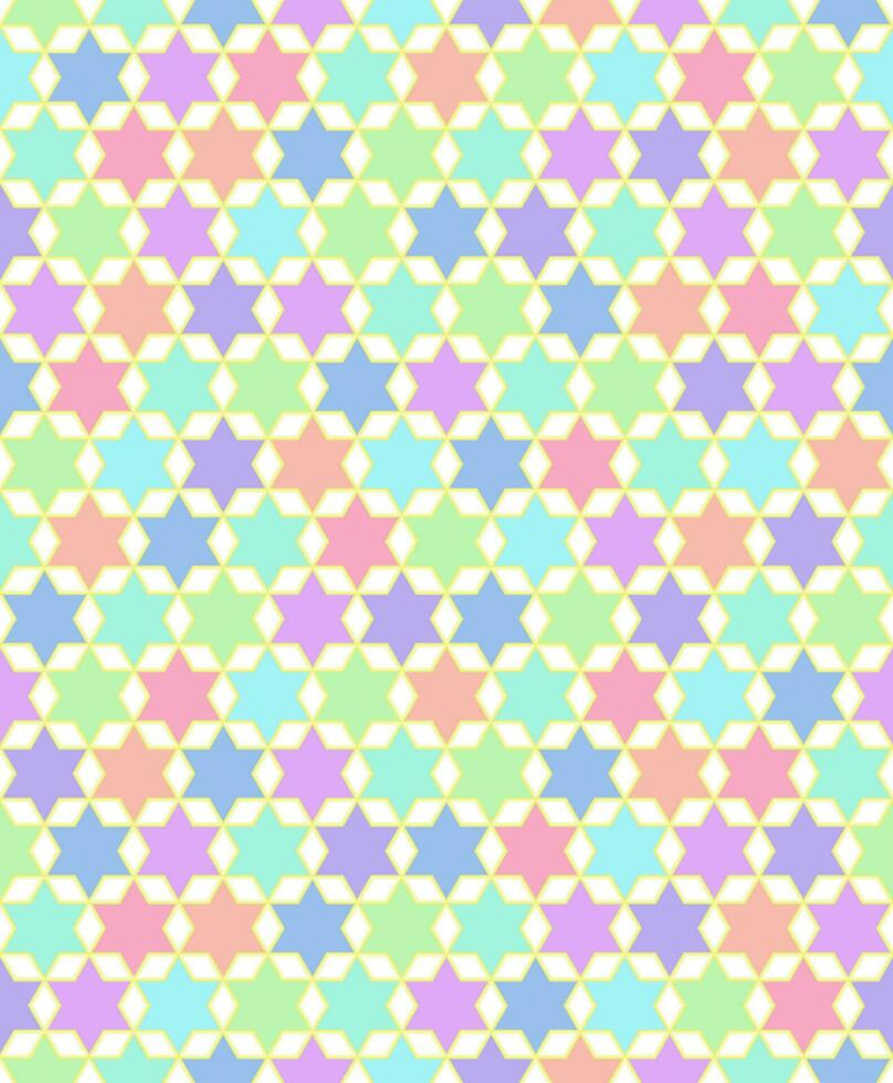 Pastel colorful six-pointed star. Overlapping white hexagon shapes. Seamless abstract background pattern. Texture design for vector illustration.