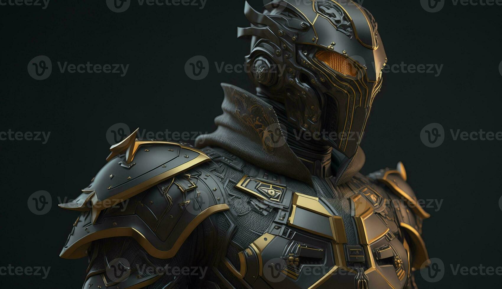 warrior in cyberpunk style in a black metal helmet in black metal armor with gold accents. ai generation photo