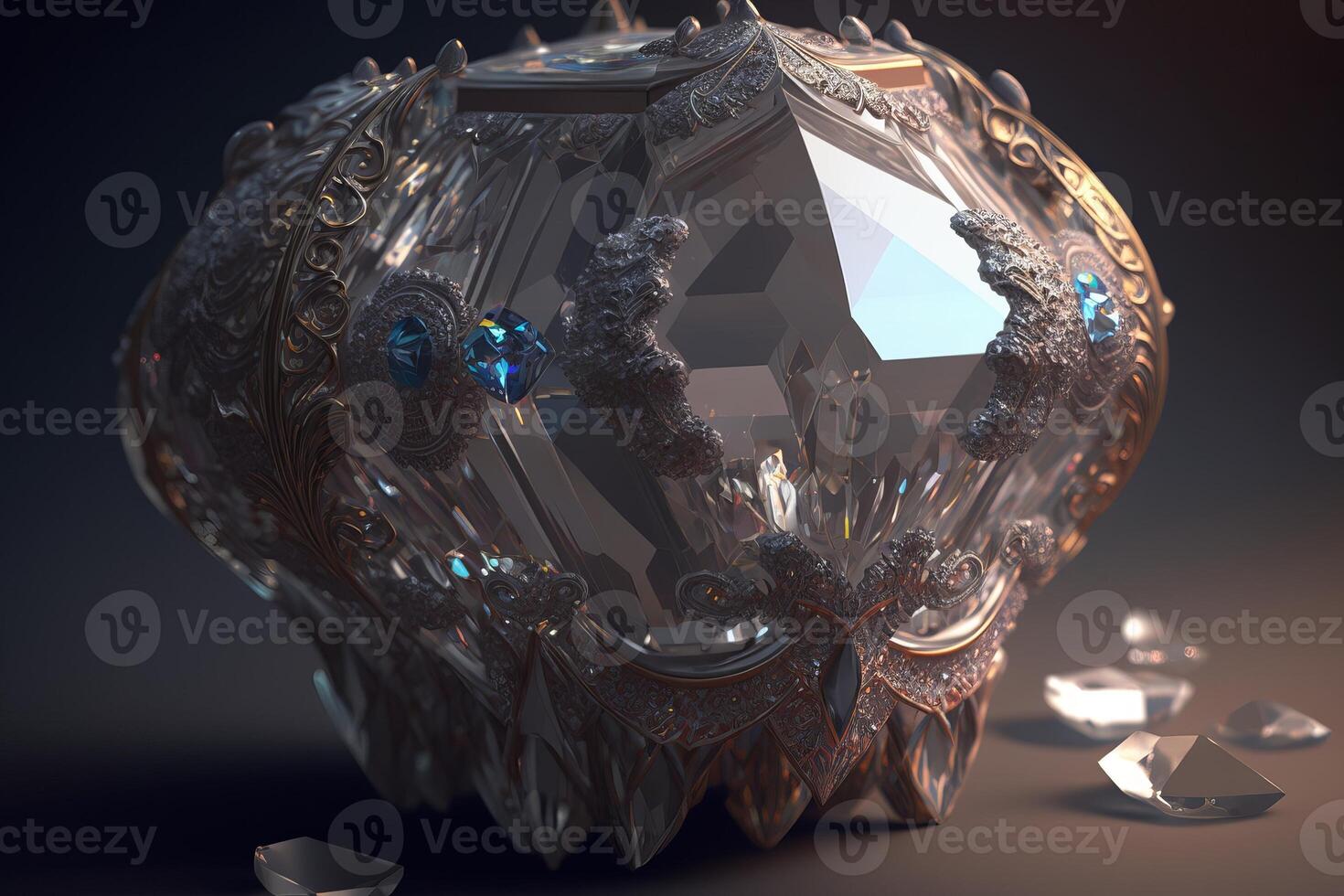 a diamond with lapis lazuli stones in beautiful armor made of miniature jewels is depicted against a dark background. ai generation photo