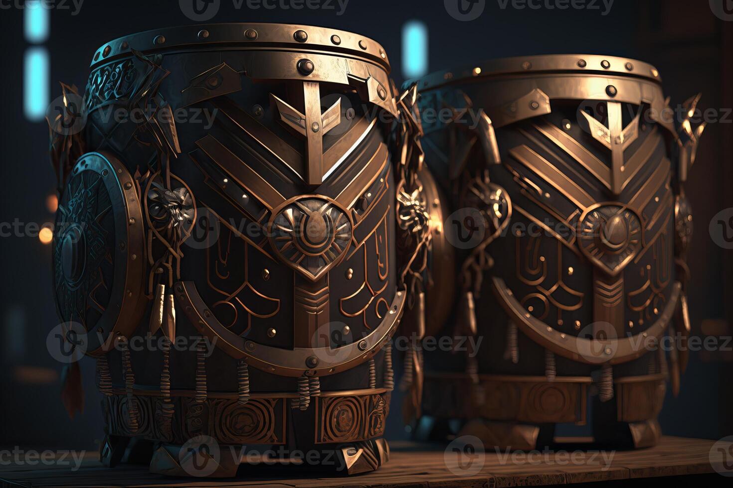 Ancient drums are painted in dark color with bronze inserts and various small details. ai generation photo