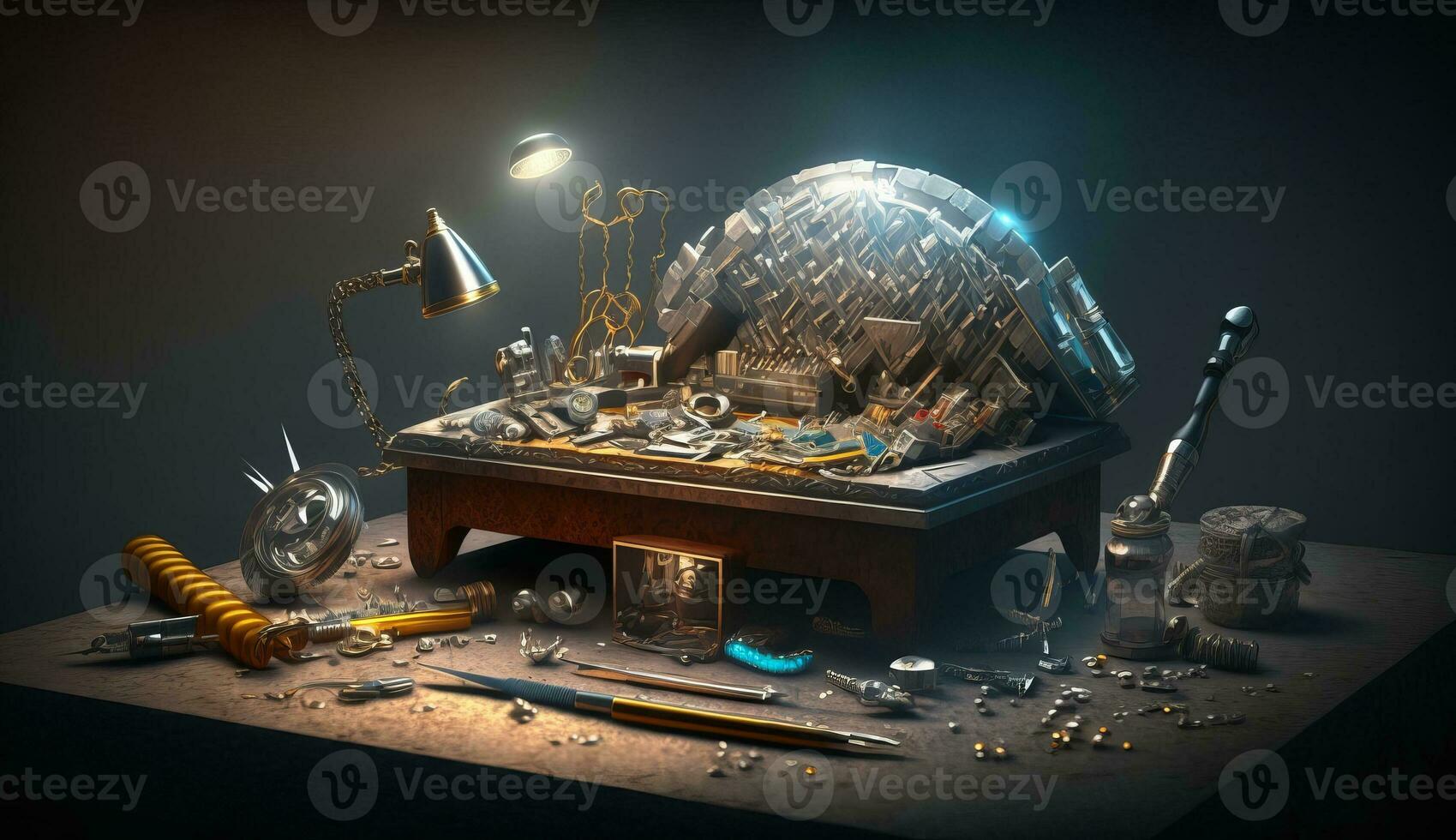 jewelry maker's worktable with many parts of tools and parts for jewelry making. ai generation photo