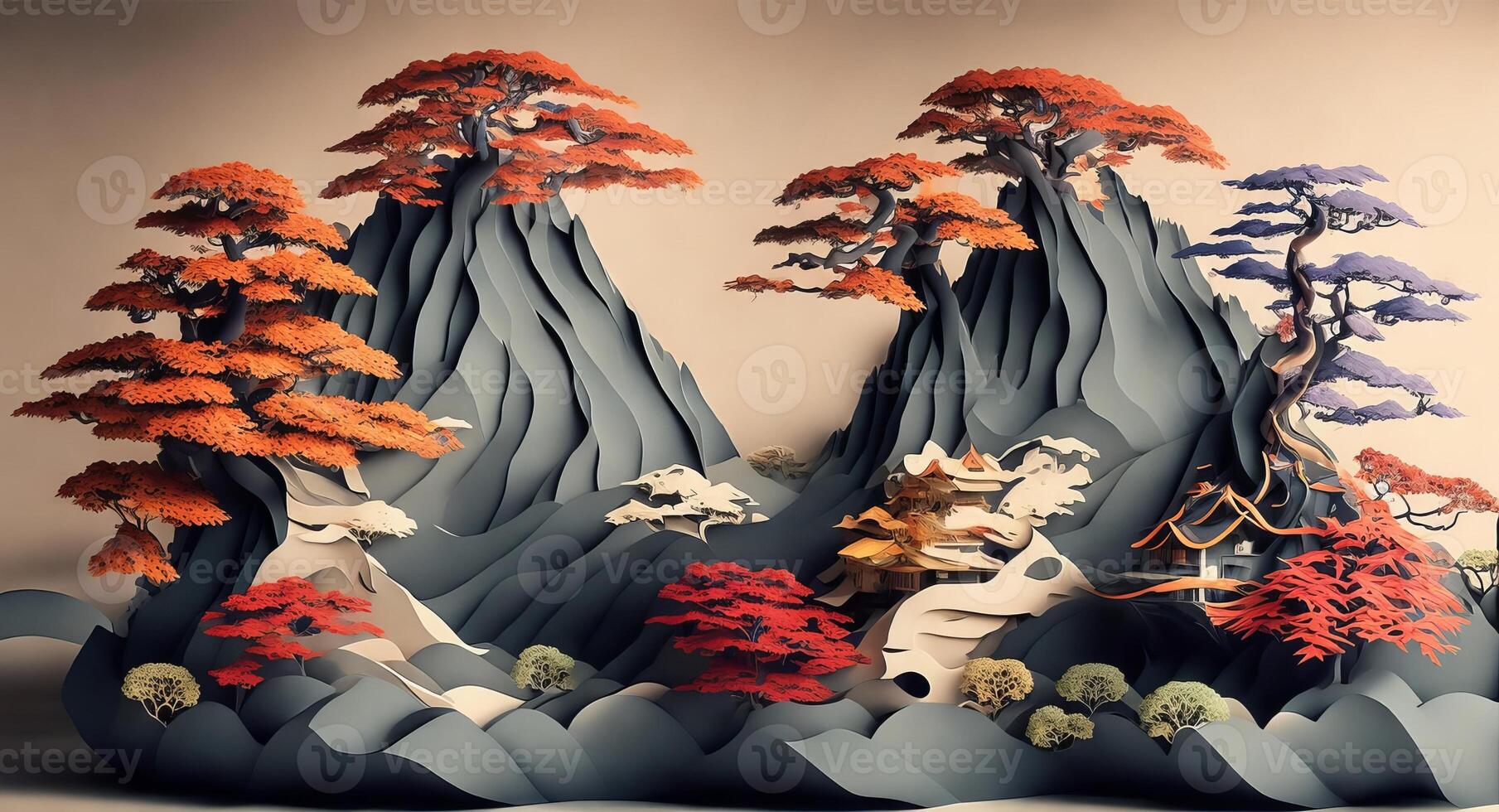Paper collage with a village in the mountains and trees. AI generation. photo