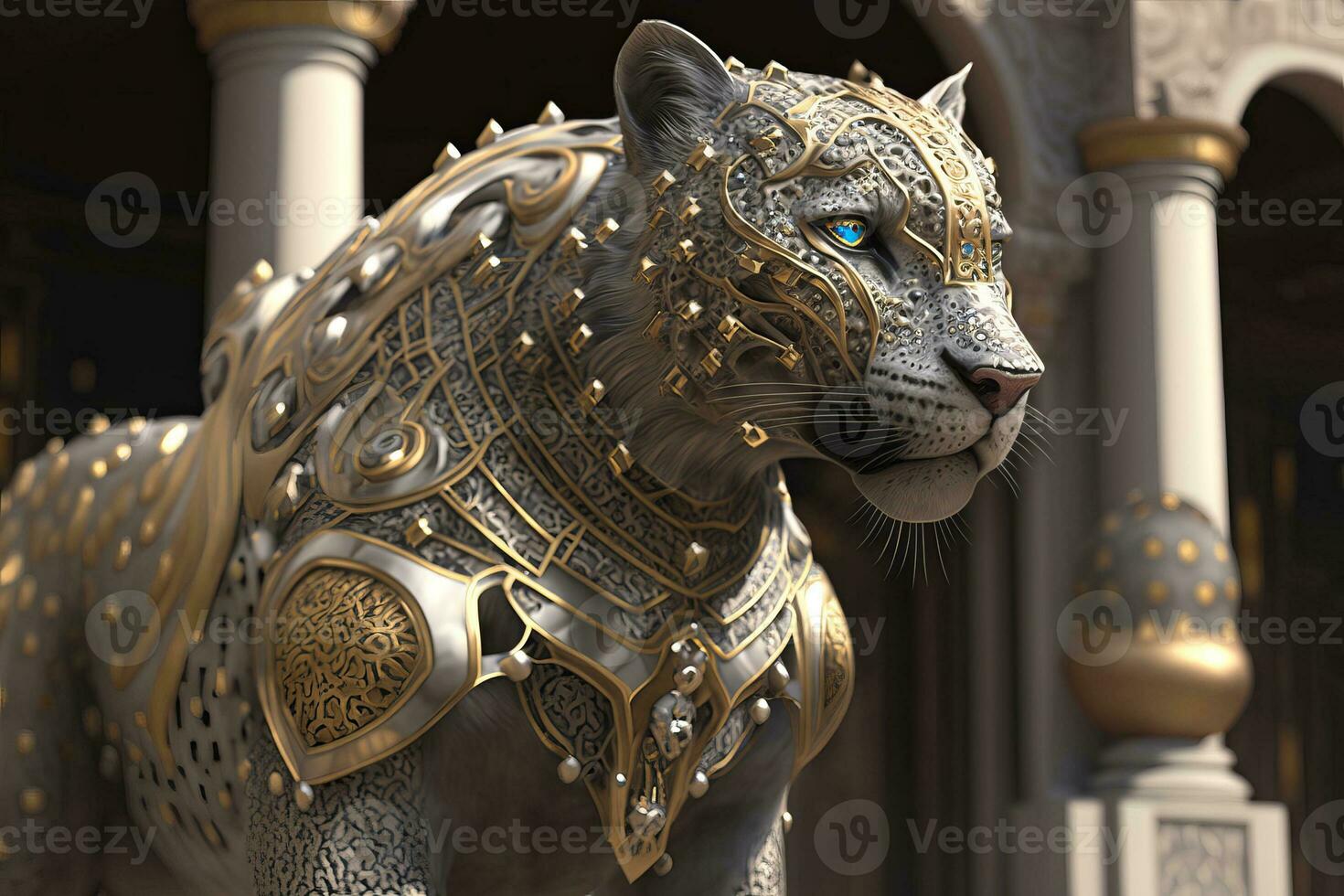 A wild cat with blue eyes stands in golden armor against the background of the palace. ai generation photo