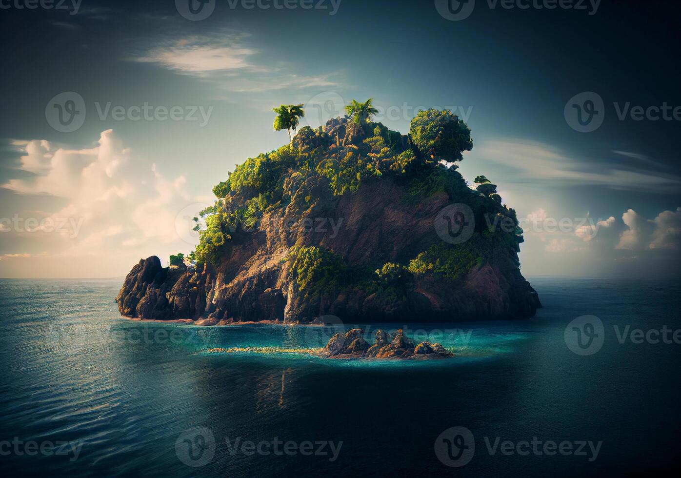verde deshabitado isla en el abierto mar. ai generado foto