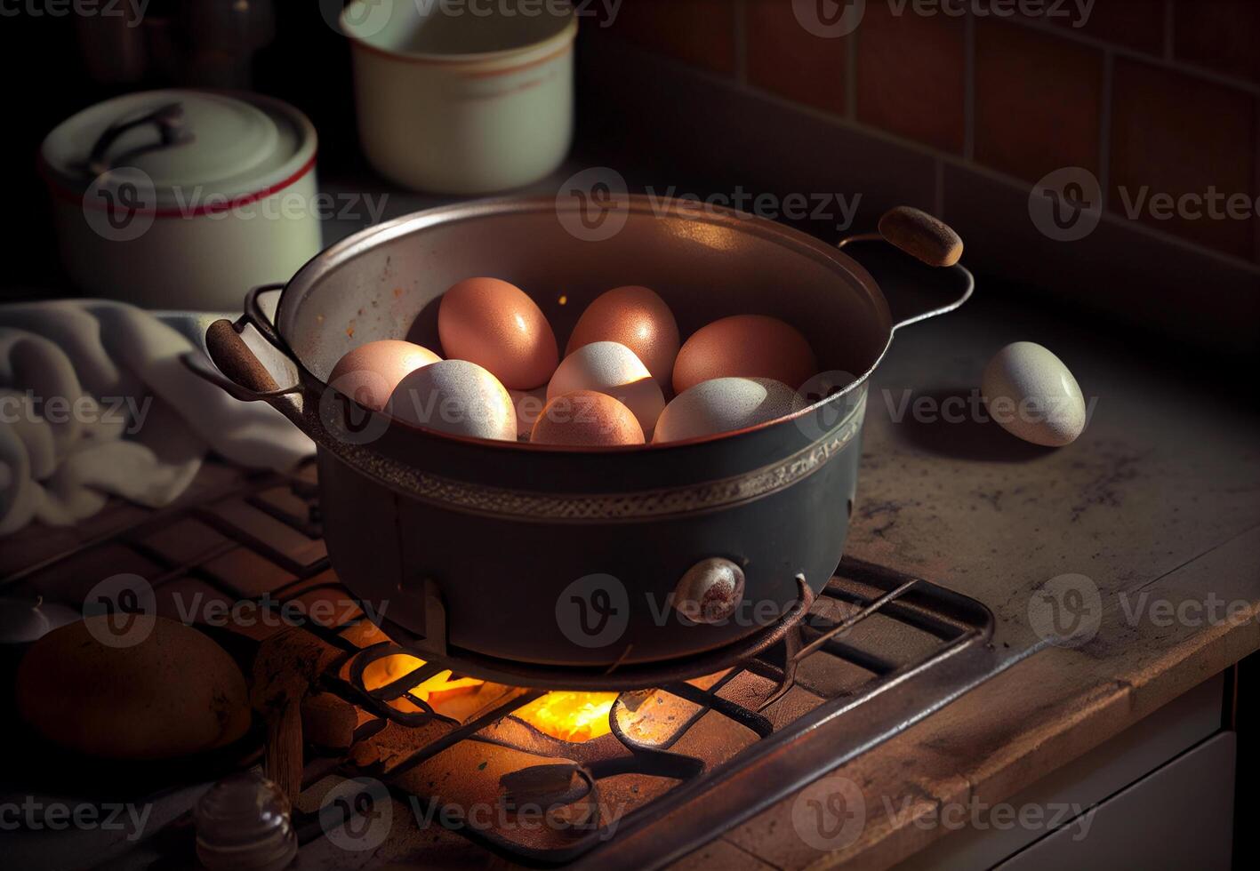 boil eggs in a pan in the kitchen. photo