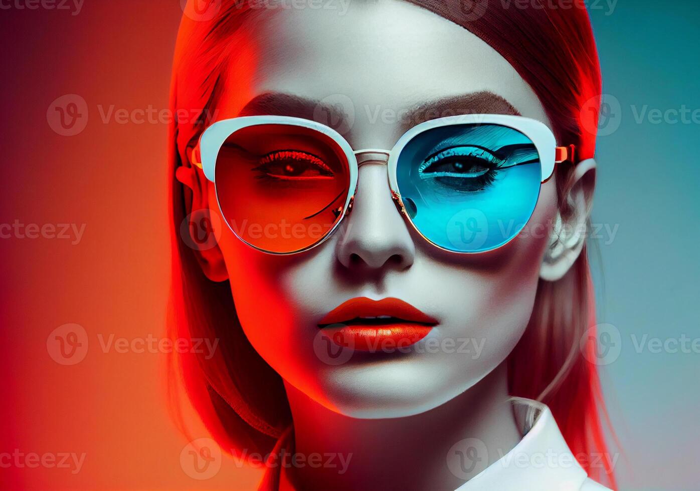 girl in 3d glasses with blue and red lenses. photo