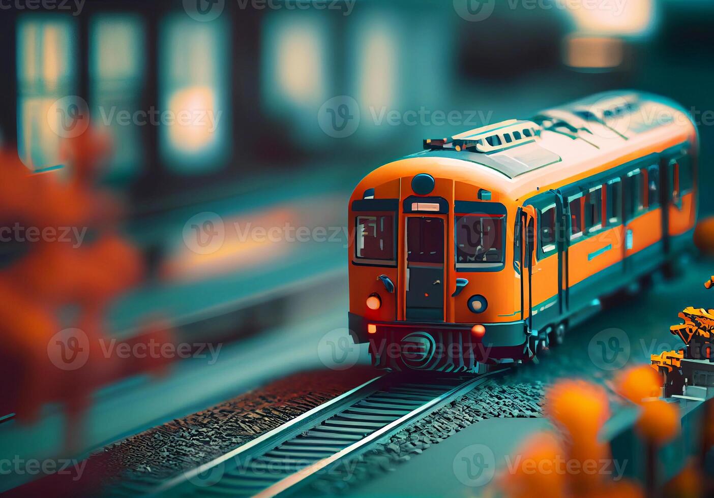 orange train arrives at the railway station. . photo