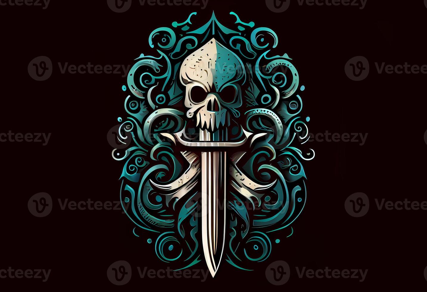 tattoo dagger with a skull on a black background. photo