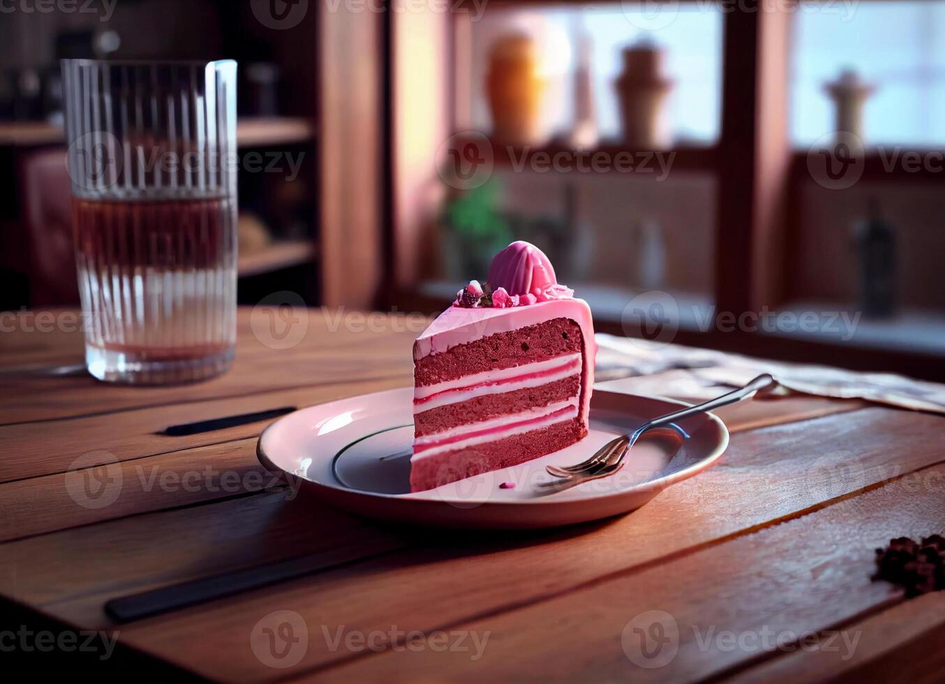 rosado pedazo de pastel en un plato en el mesa. ai generado foto