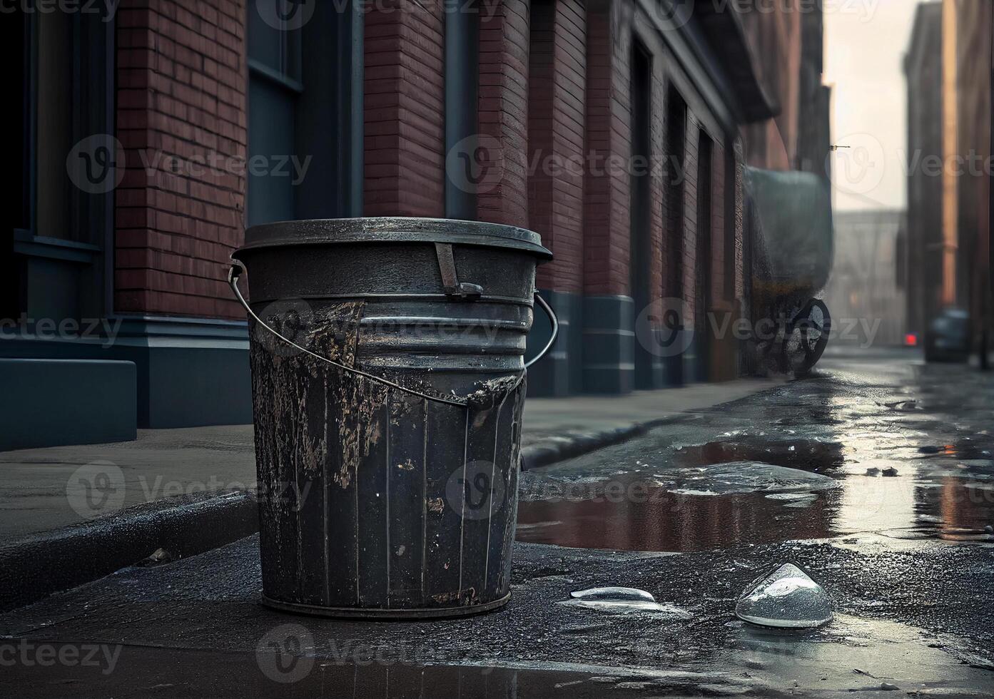 the bucket stands on the asphalt on the street. photo