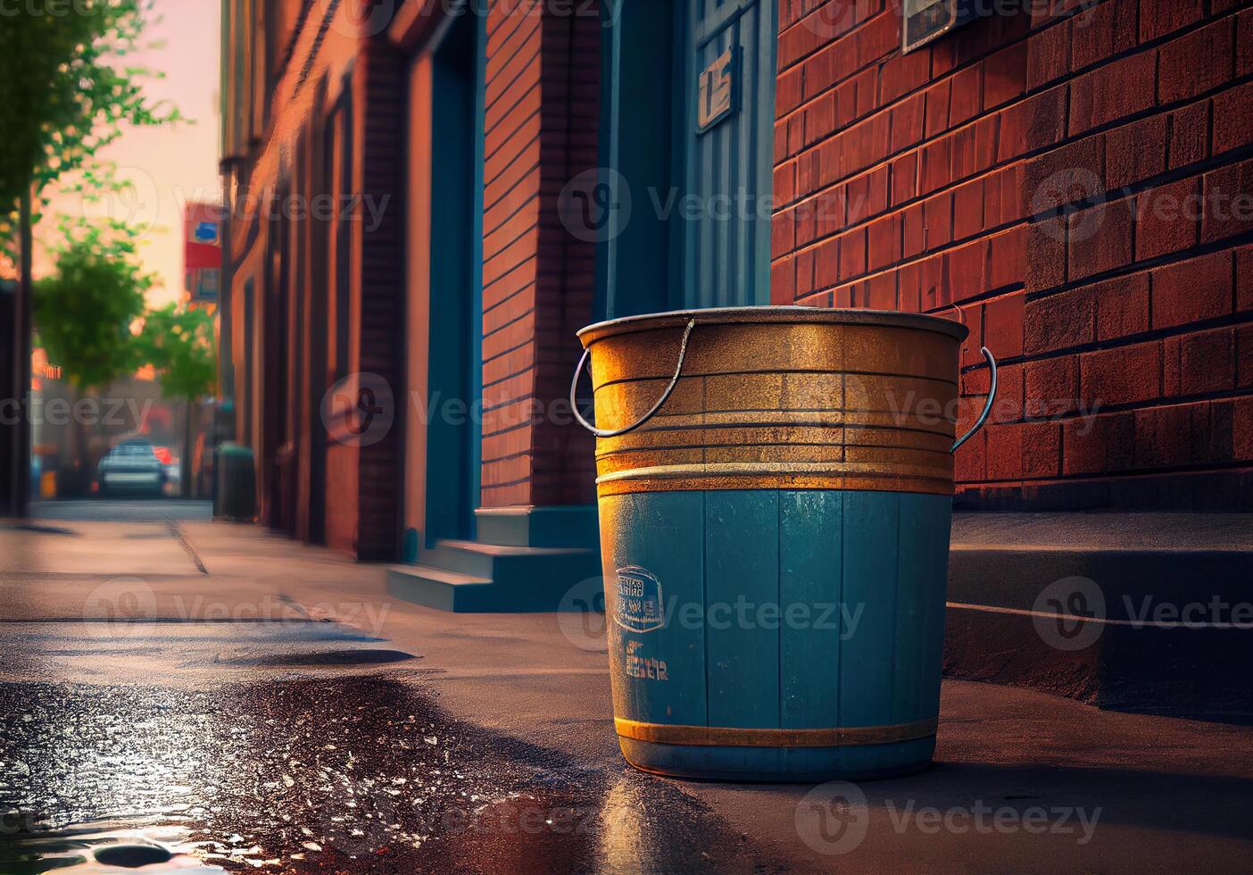the bucket stands on the asphalt on the street. photo
