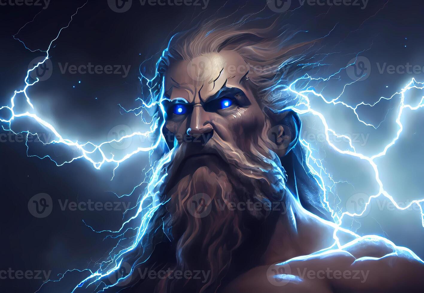 portrait of Zeus against the background of clouds and lightning. photo