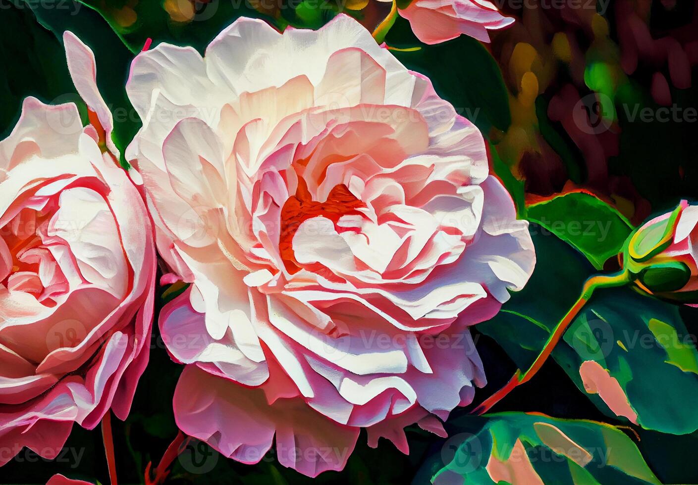 pink peonies in nature painted in watercolor. . photo