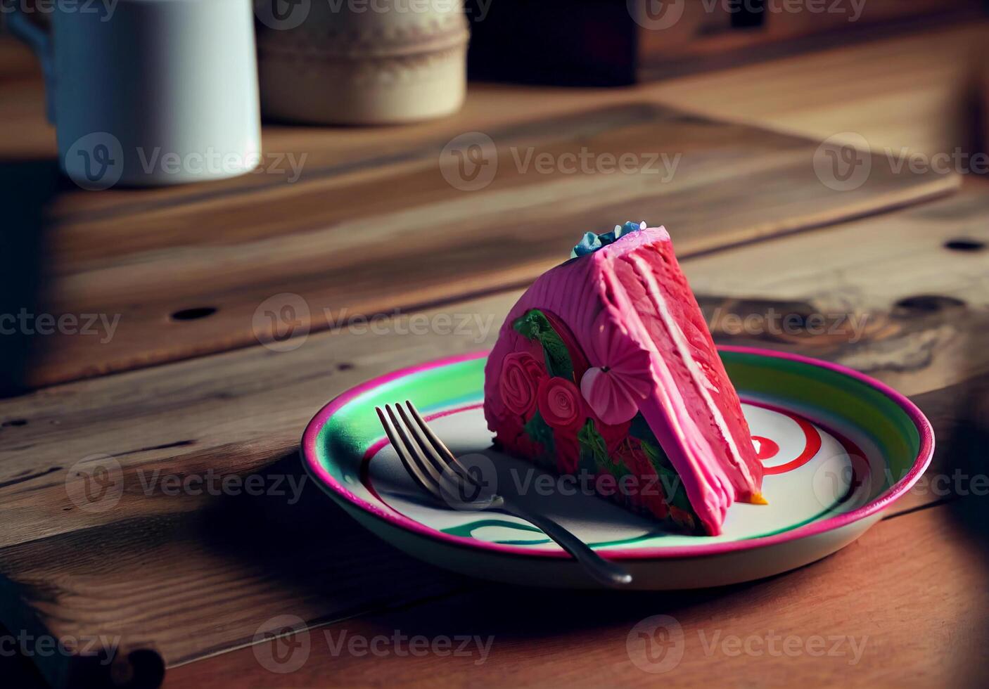 rosado pedazo de pastel en un plato en el mesa. ai generado foto