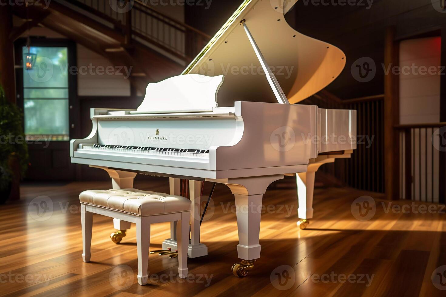musical instrument white piano in the interior. photo