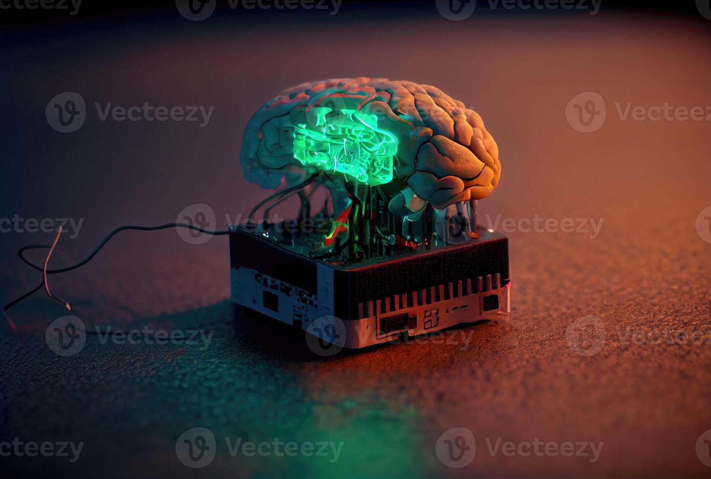 Brain is being fed programs and commands to have humanlike abilities. Machine learning and technology concept. photo