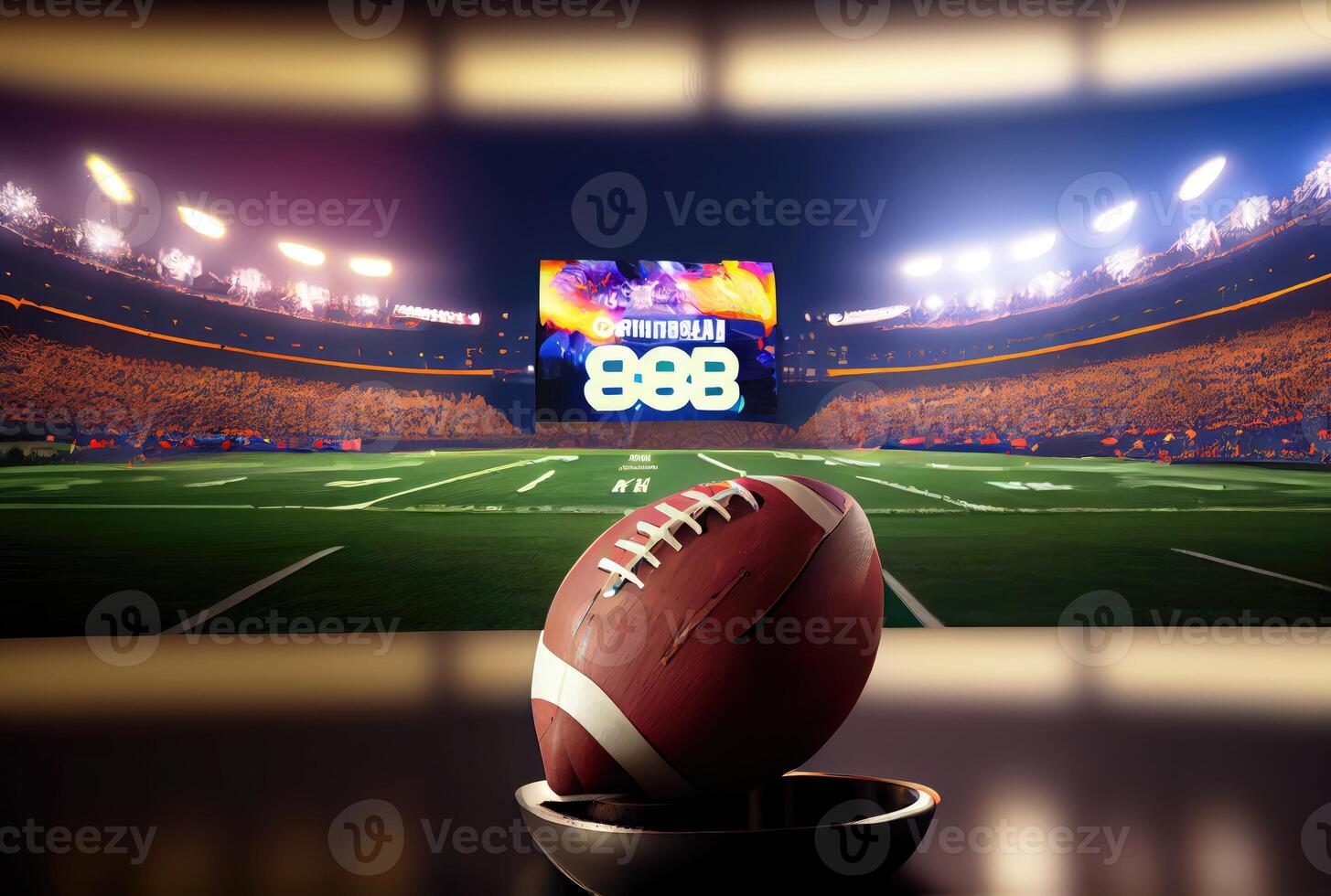 American football in front of LCD TV display scoreboard in stadium background. Sport and tournament concept. Digital art illustration. photo