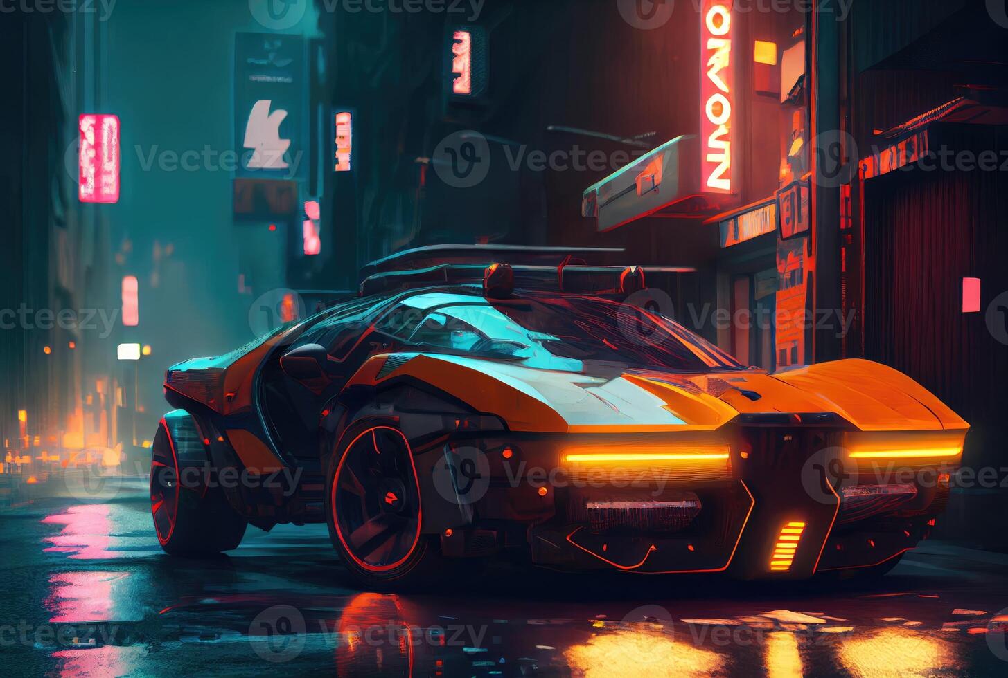 Futuristics car model in orange blue and pink color cyberpunk in dark city downtown background. Transportation and Innovative technology concept. Digital art fantasy illustration. photo