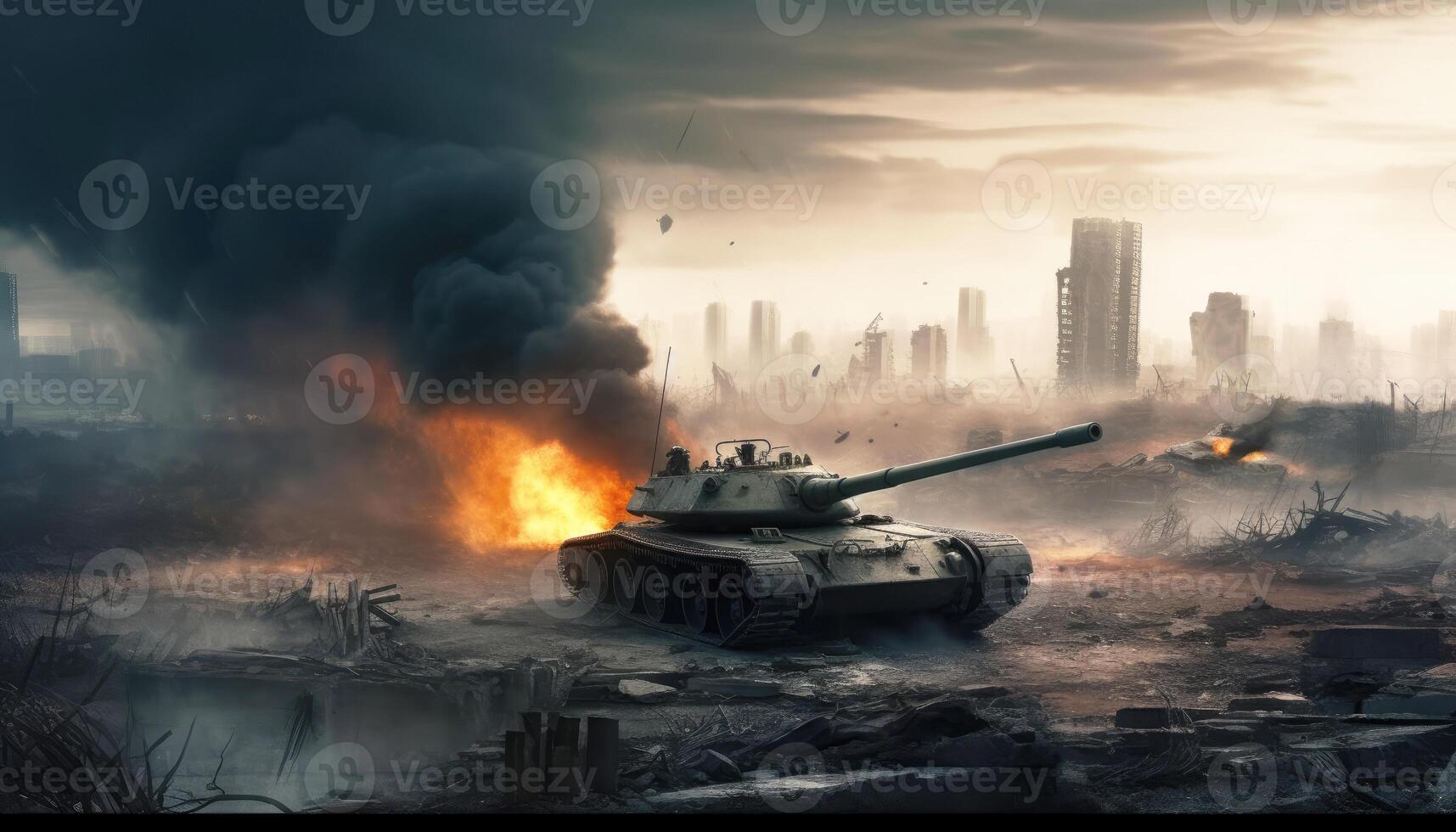 campo de batalla con soldados y tanques entre colapsado edificios y incendios en el grande ciudad. guerra y batalla concepto. generativo ai foto