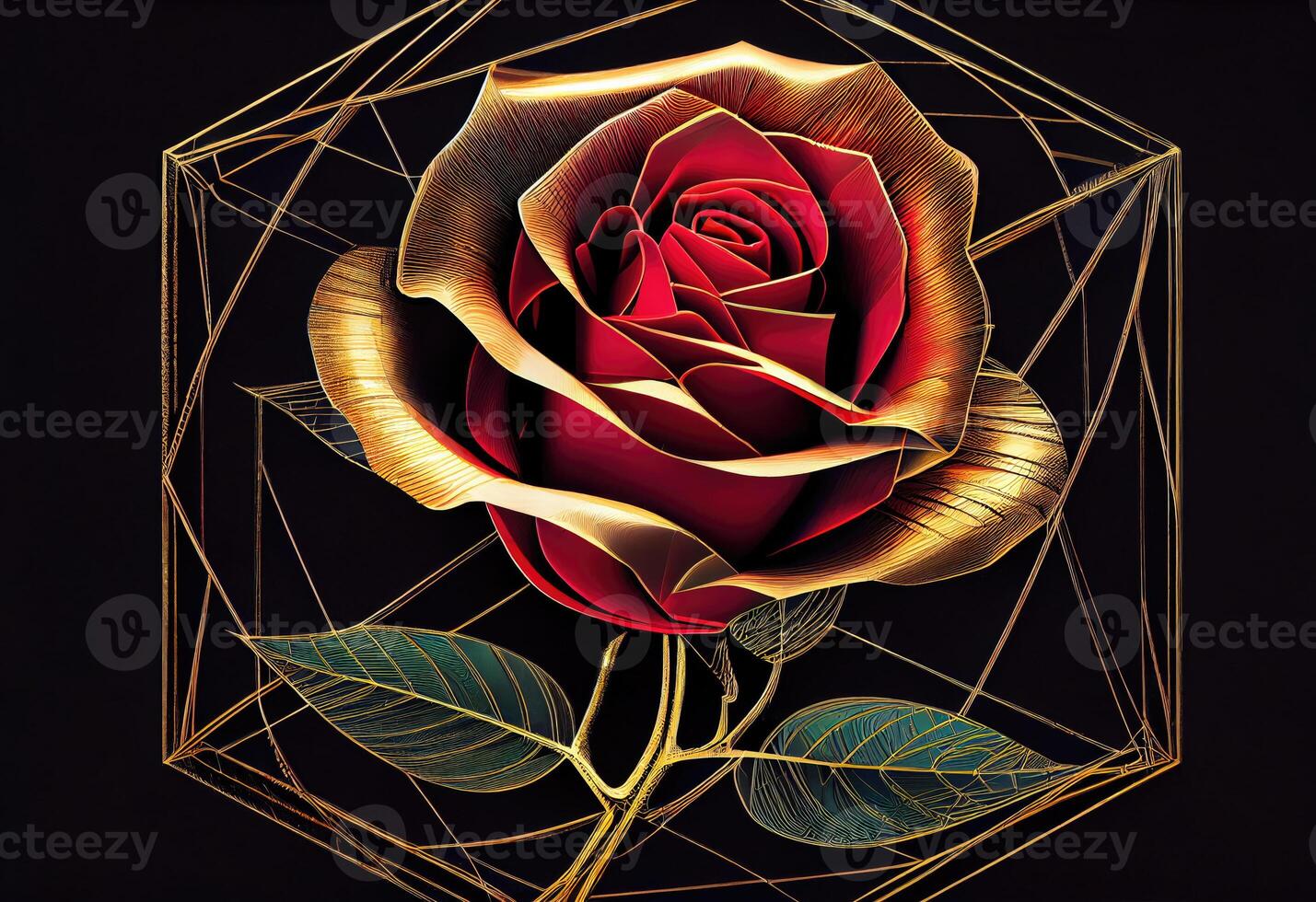 Red rose with geometric golden frame drawing line background. photo