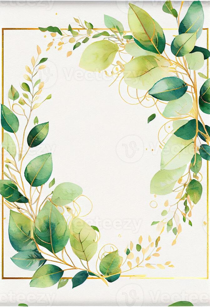 Green leaves with golden frame template and copy space for greeting wedding card and advertising concept art. photo