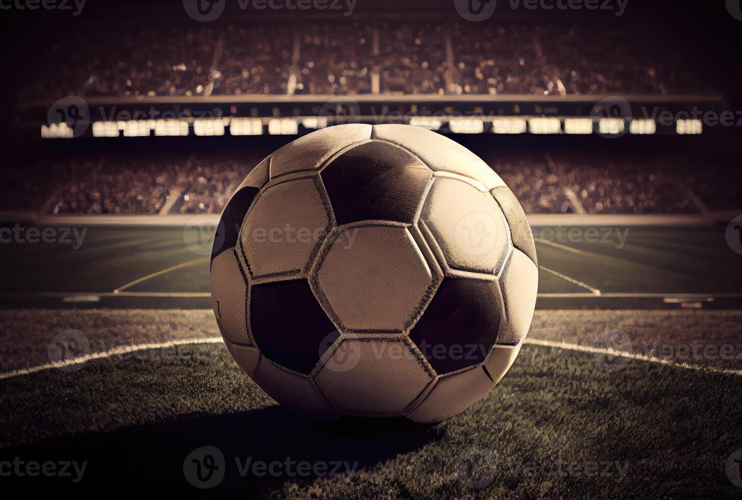 Soccer ball on grass field in stadium. Sport and game concept. photo