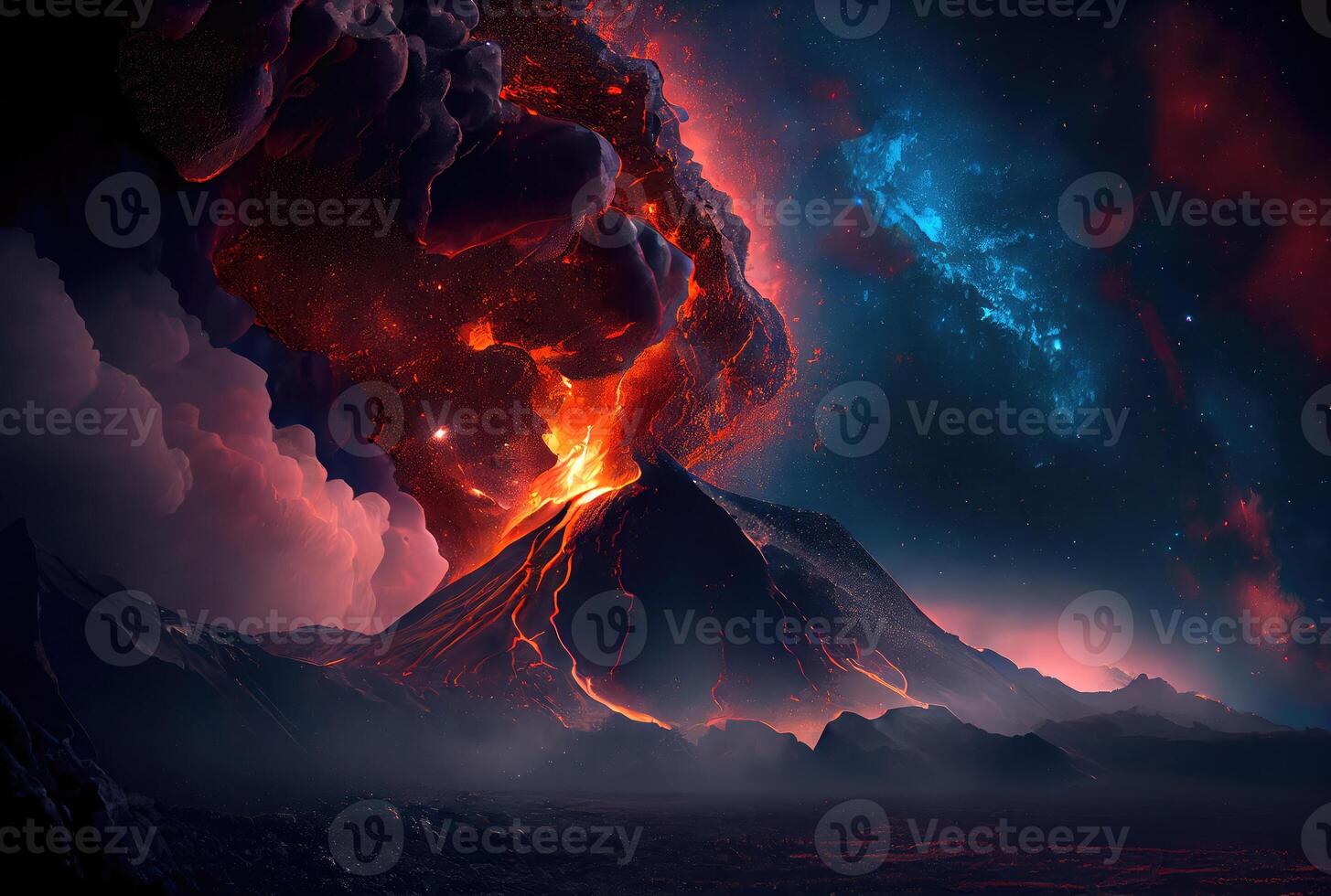 The volcano erupted with hot lava and black smoke covering the sky. Nature and disaster concept. photo