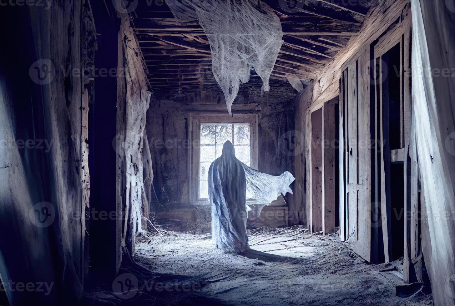 Spooky fabric ghost in the abandoned haunted house background. Halloween and horror concept. photo