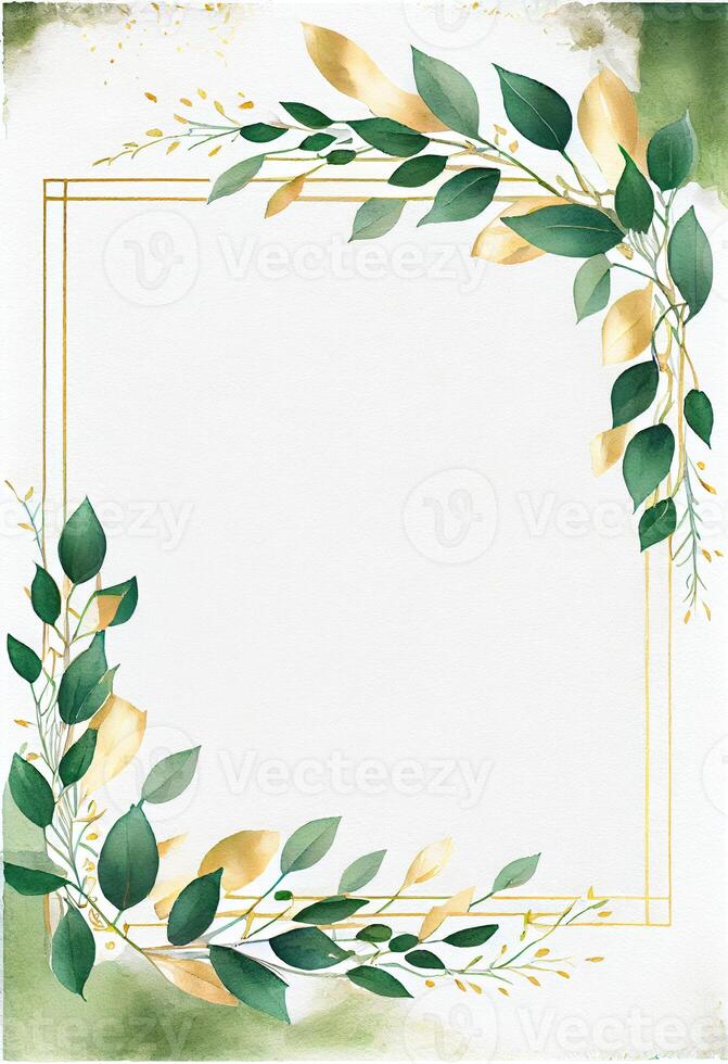 Green leaves with golden frame template and copy space for greeting wedding card and advertising concept art. photo