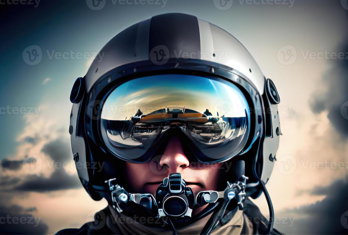 Head shot of fighter pilot flying on the high sky in the airspace for national defense or world war. Portrait of soldier. photo